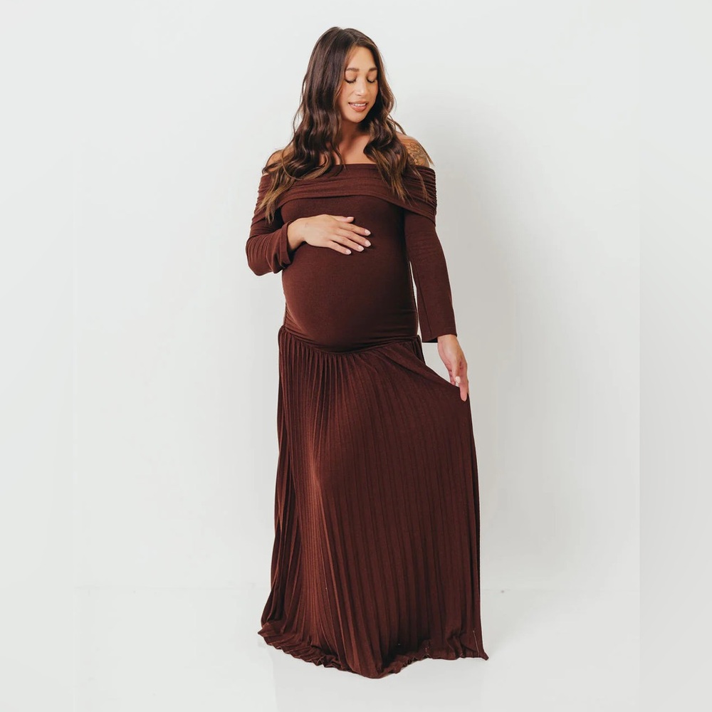 Off-Shoulder Maternity Maxi Dress in Chocolate Brown